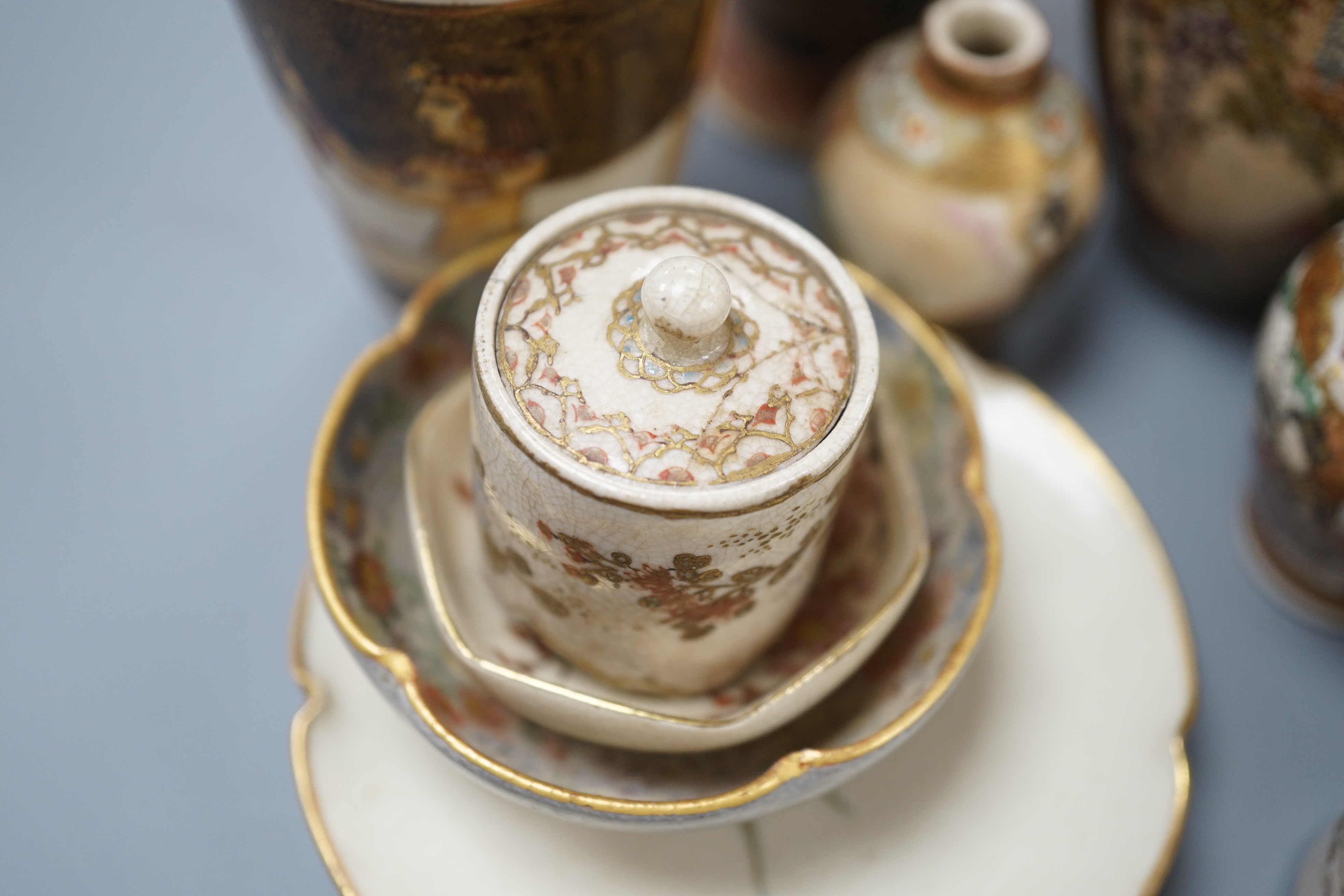 A group of small and miniature Satsuma pottery vases, koros and covers and dishes, late 19th/early 20th century, 3cm - 12cm